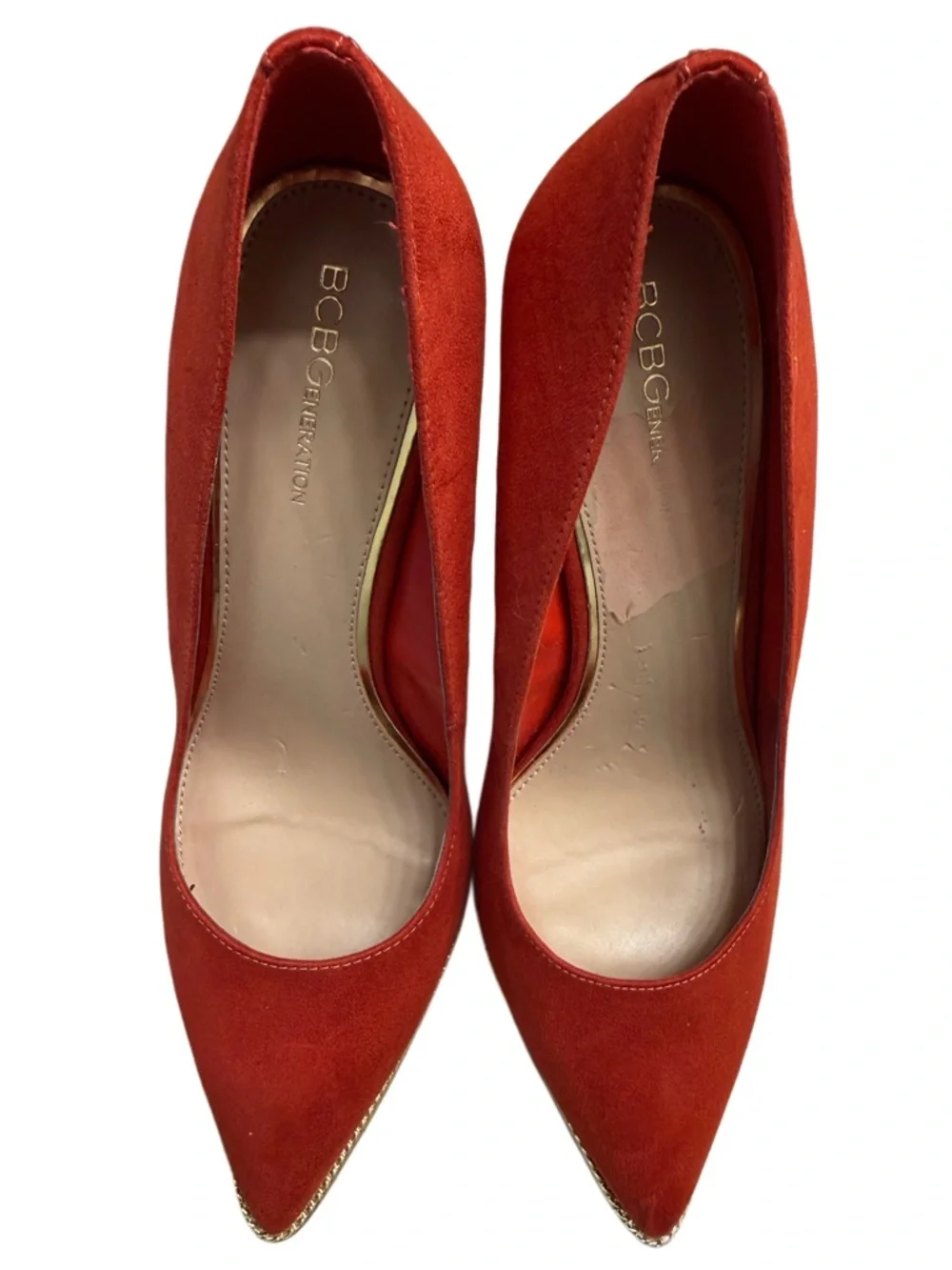 BCBGeneration RED SUEDE POINTED TOE PUMPS WITH GOLD TRIM